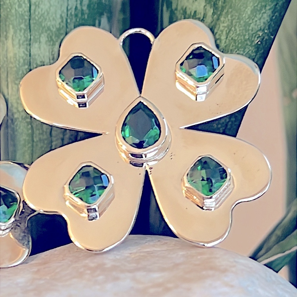 14 karat gold, custom-made clover with emerald lab stones